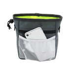 Black and green pouch with a phone in a pocket 