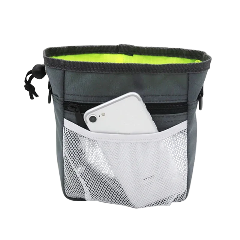 Black and green pouch with a phone in a pocket 