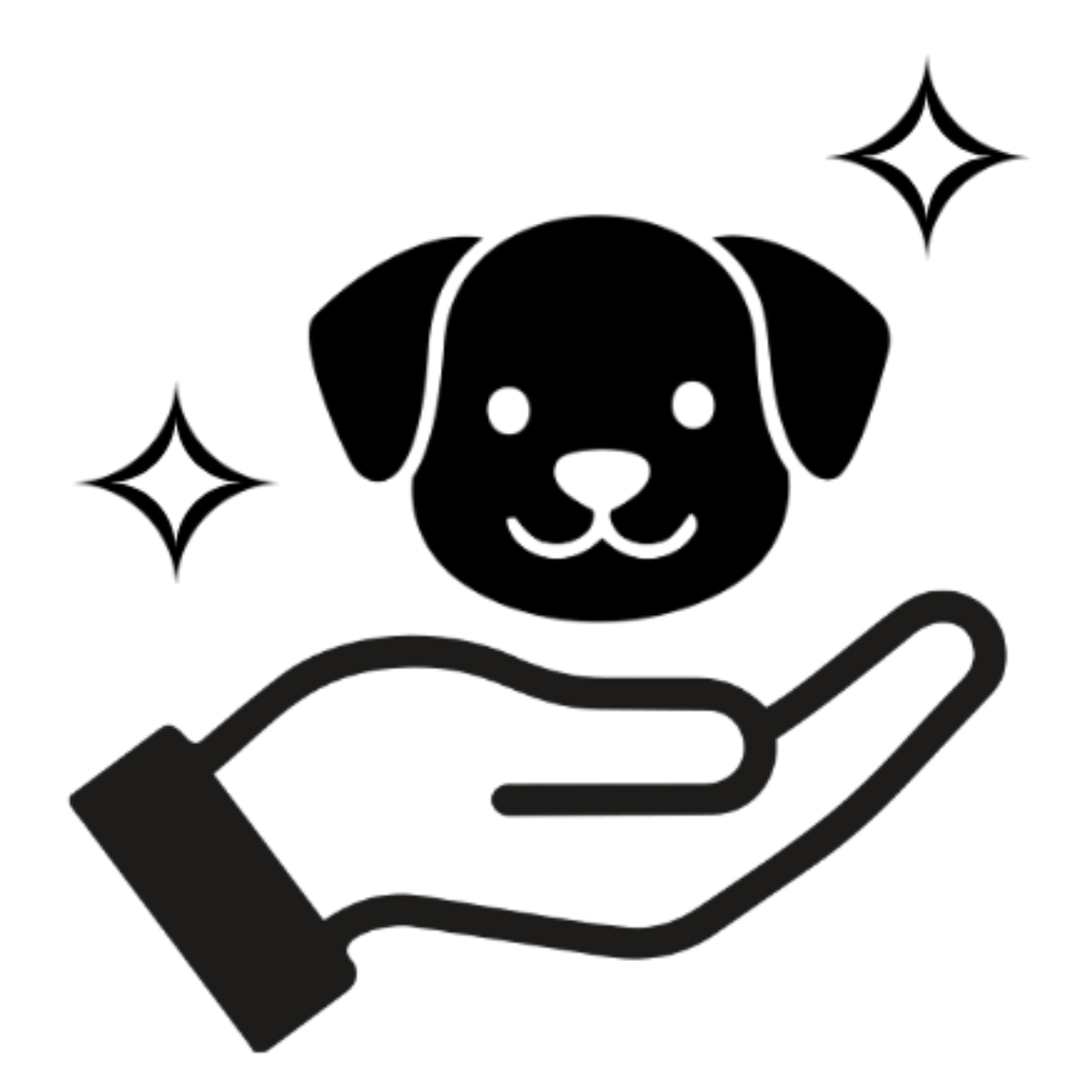 Black silhouette of a dog held in a hand with sparkles