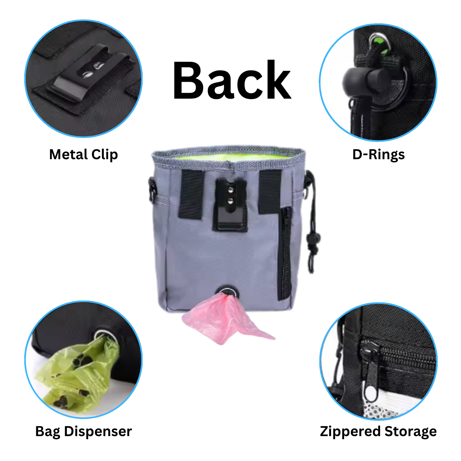 Multifunctional Durable Dog Training Pouch with back features highlighted
