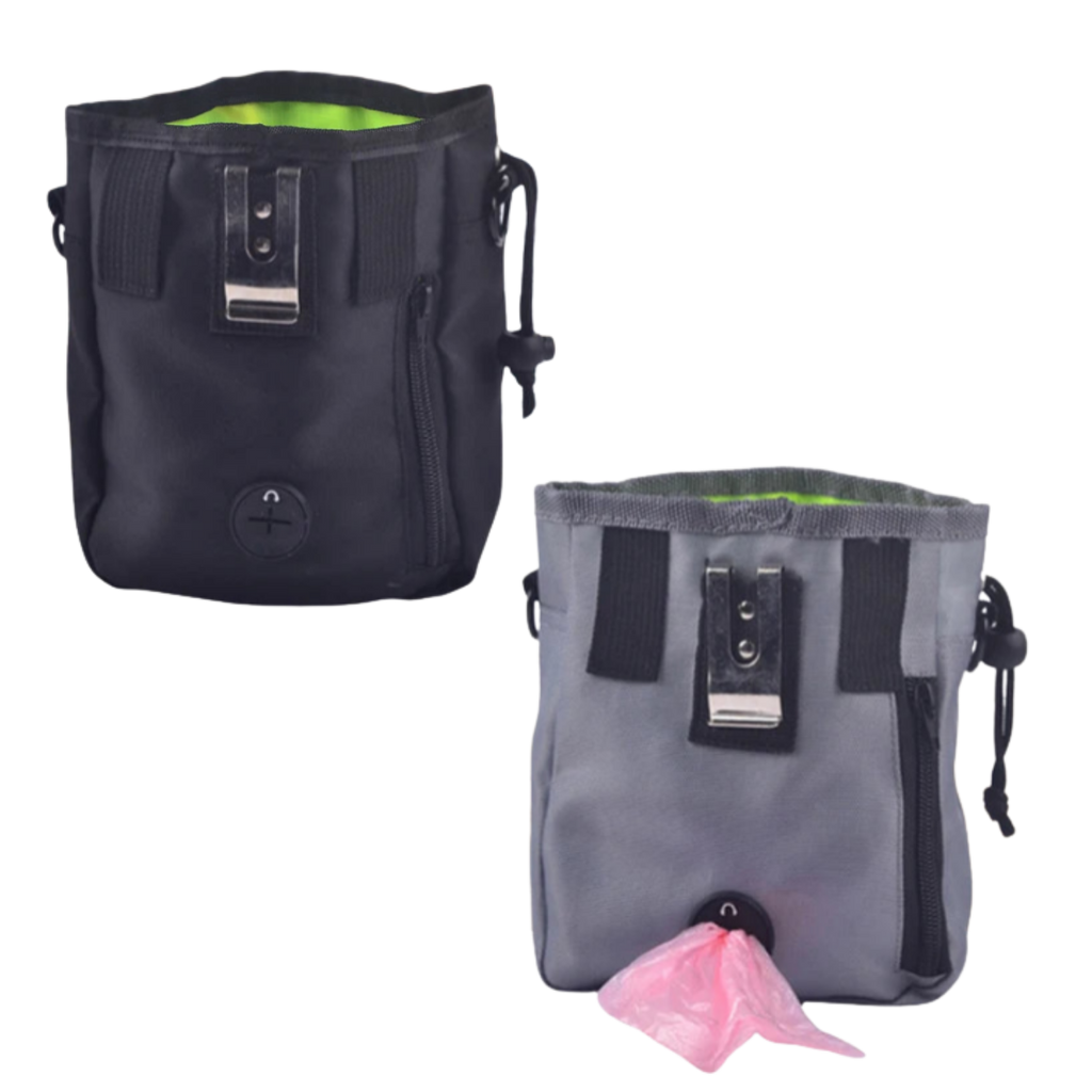 Two dog pouches, one black and one gray