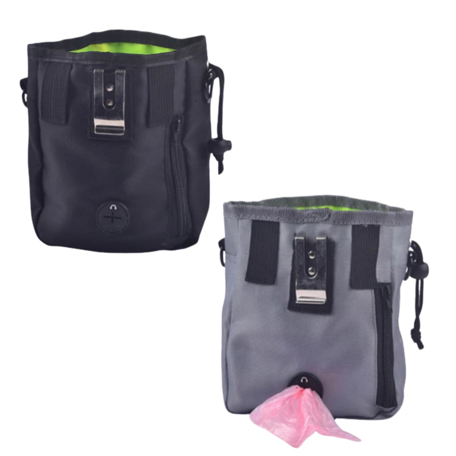 Two dog pouches, one black and one gray