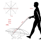Measurement chart showing dimensions of a dog umbrella with a silhouette of a person holding it.