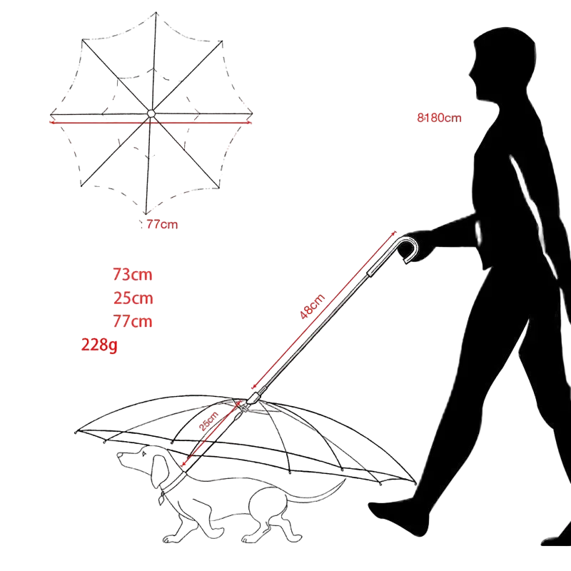Measurement chart showing dimensions of a dog umbrella with a silhouette of a person holding it.