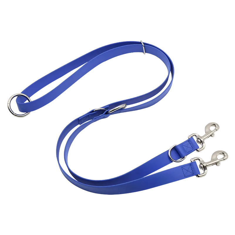 blue dog leash with metal clips
